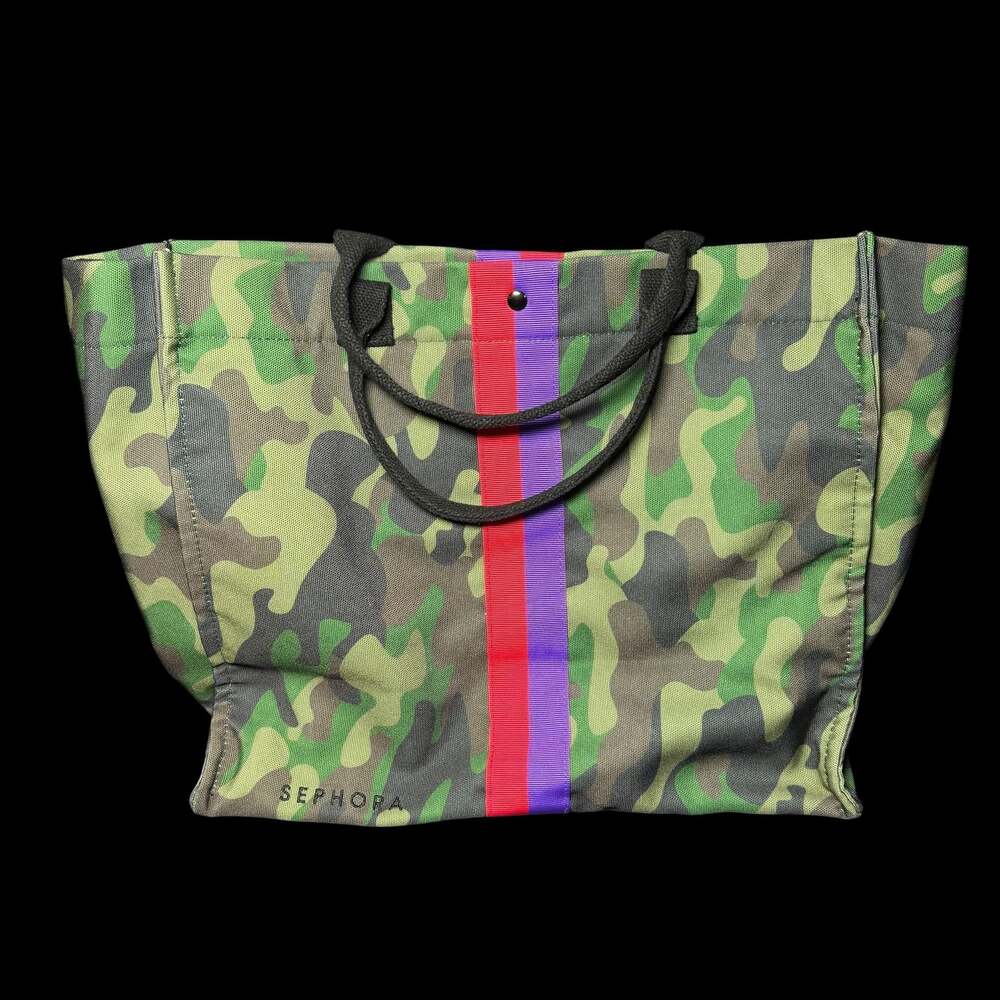 Sephora Camouflage Canvas Tote Bag with Red and Purple Stripe